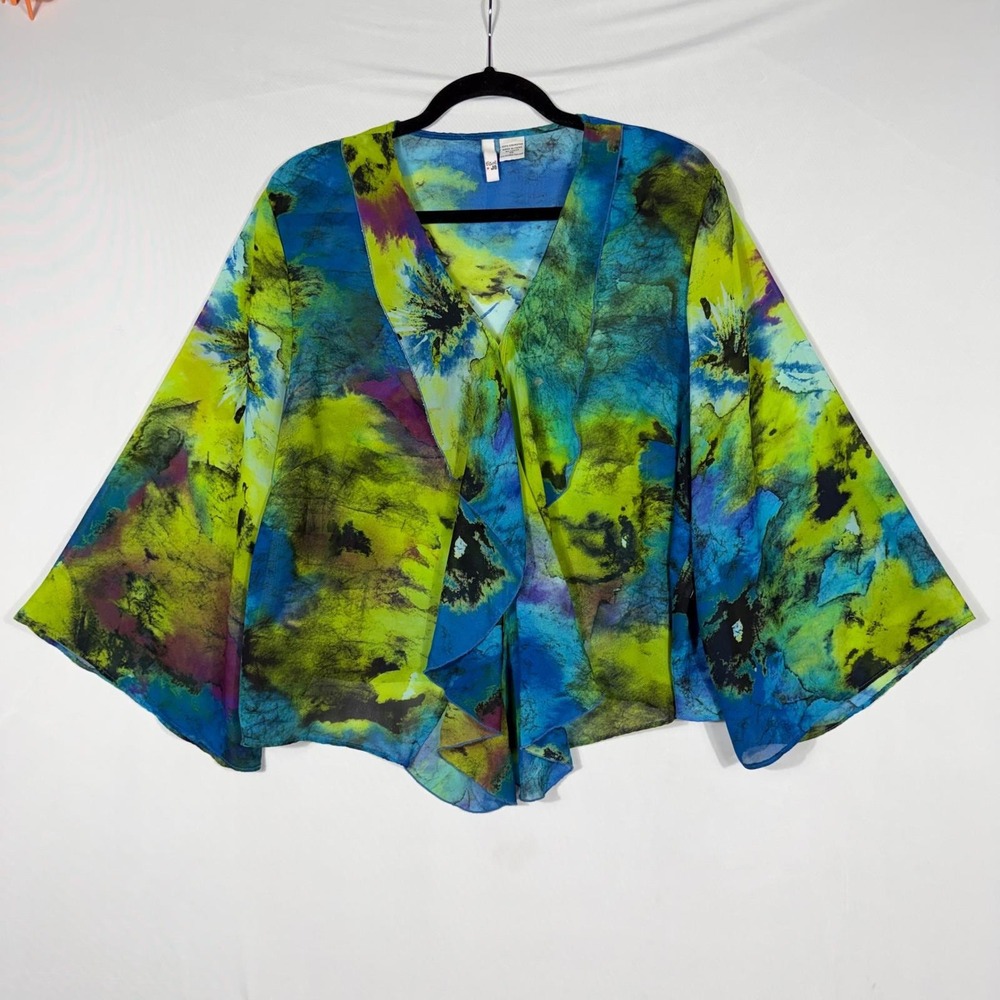 Vtg 90s Y2K Open Front Tunic Top XL Watercolor Abstract Sheer Ruffle Bell Sleeve
